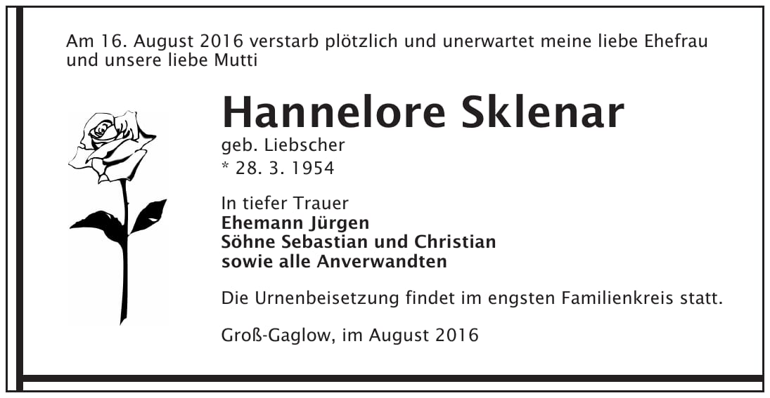 Traueranzeige Hannelore Sklenar, geb. Liebscher