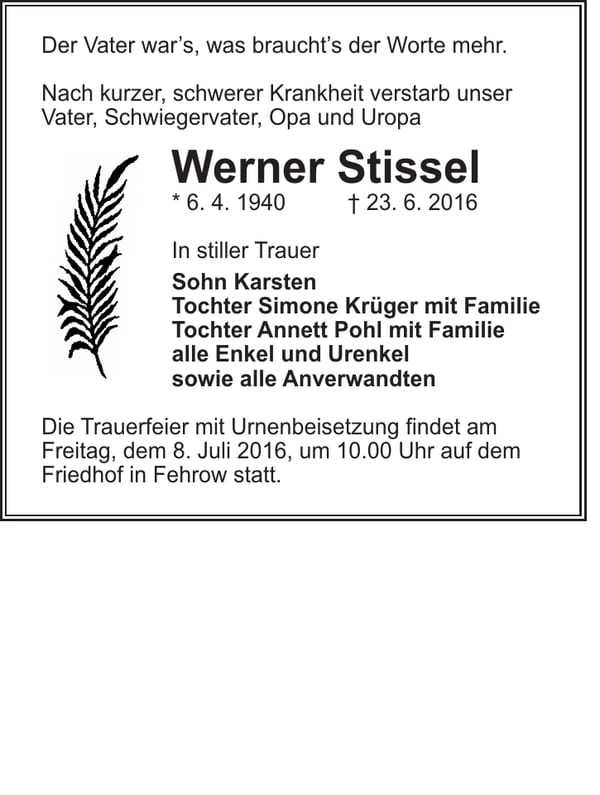 Traueranzeige Werner Stissel