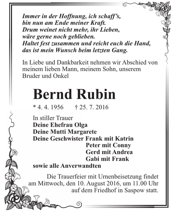 Traueranzeige Bernd Rubin