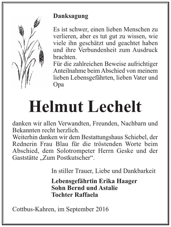Danksagung Helmut Lechelt
