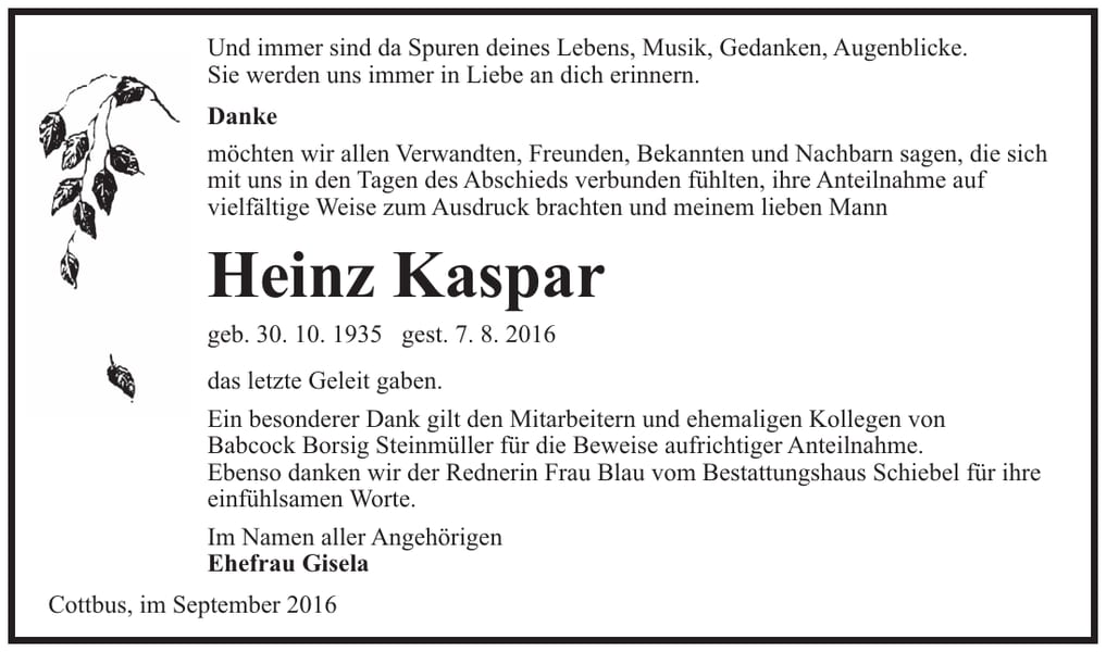 Danksagung Heinz Kaspar