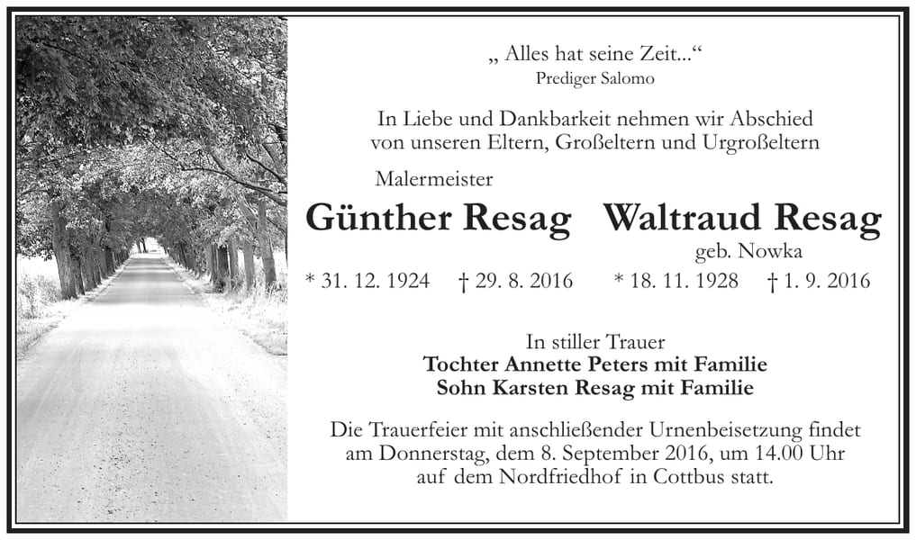Traueranzeige Günther Resag und Waltraud Resag, geb. Nowka
