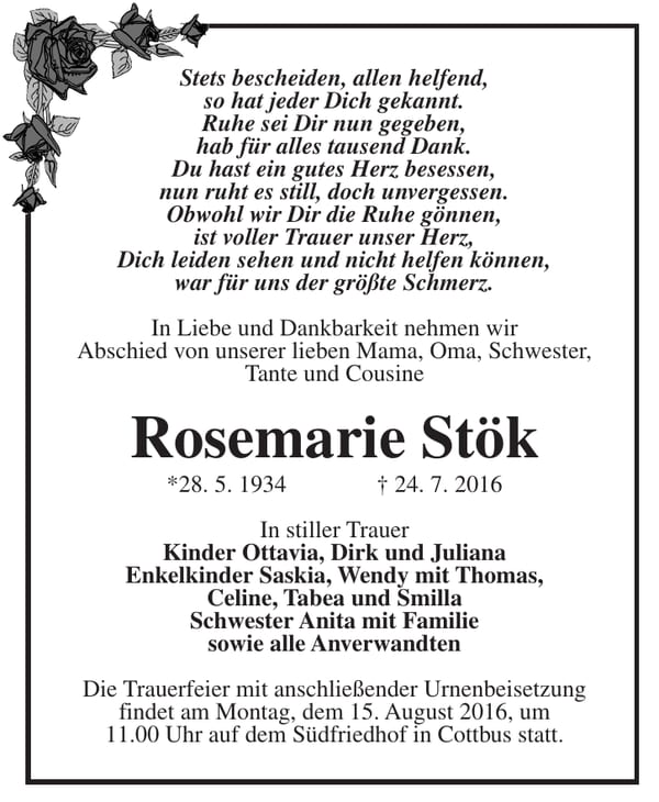 Traueranzeige Rosemarie Stök