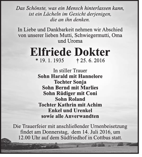 Traueranzeige Elfriede Dokter