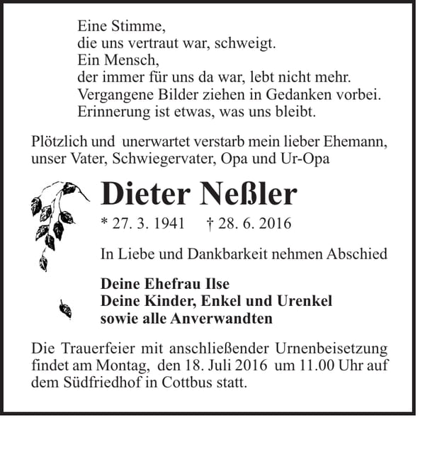 Traueranzeige Dieter Neßler