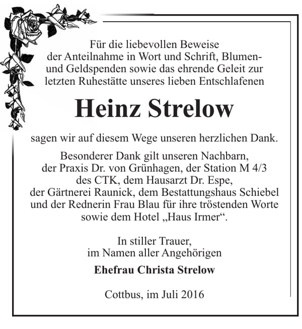 Danksagung Heinz Strelow