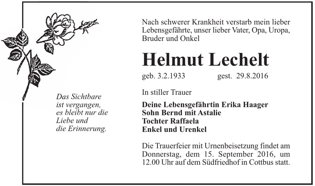 Traueranzeige Helmut Lechelt