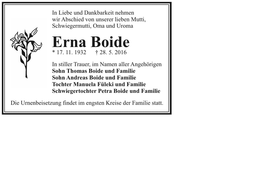 Traueranzeige Erna Boide