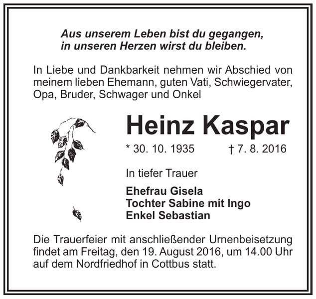 Traueranzeige Heinz Kaspar