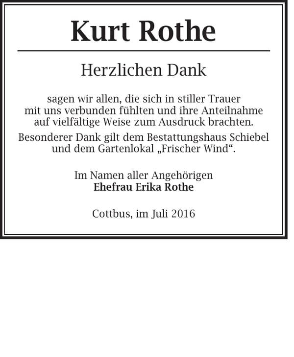 Danksagung Kurt Rothe