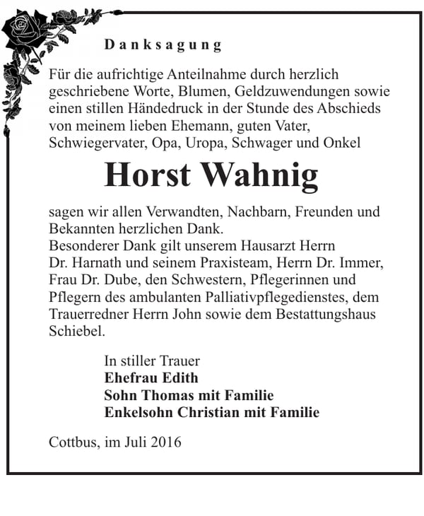 Danksagung Horst Wahnig