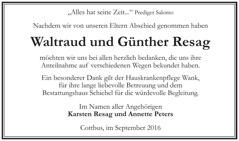 Danksagung Waltraud und Günther Resag