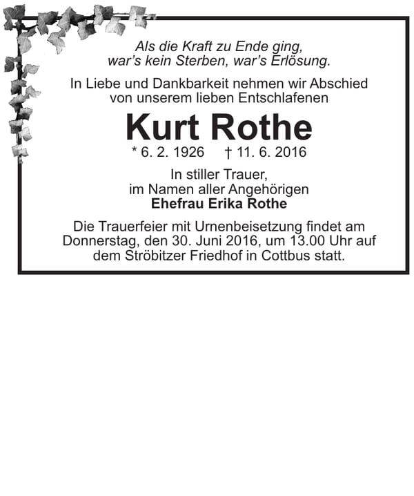 Traueranzeige Kurt Rothe