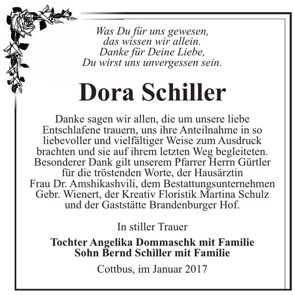 Danksagung Dora Schiller