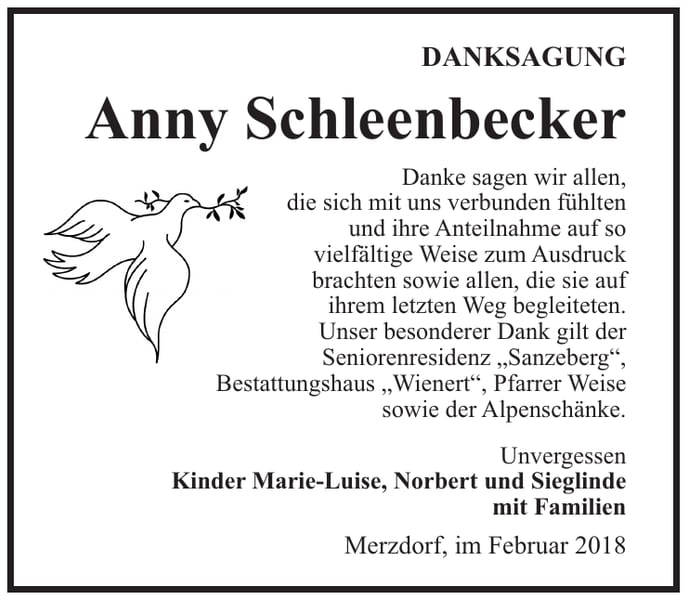 Danksagung Anny Schleenbecker