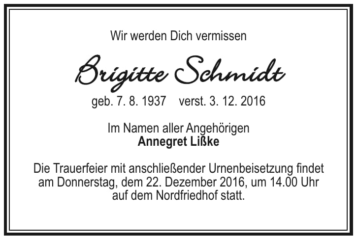 Traueranzeige Brigitte Schmidt