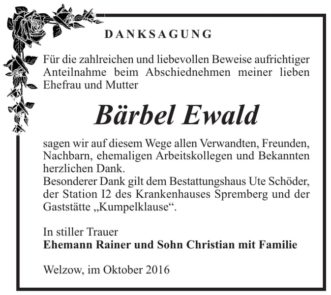 Danksagung Bärbel Ewald