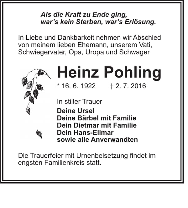 Traueranzeige Heinz Pohling