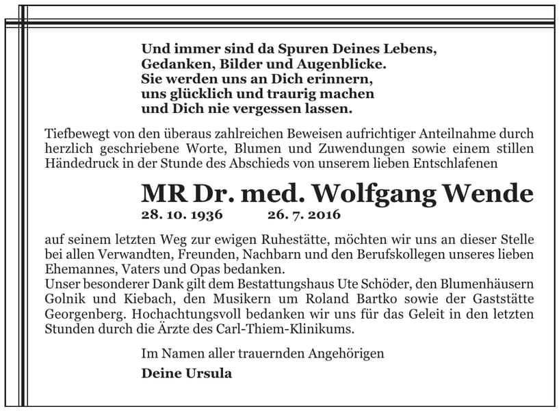Danksagung MR Dr. med. Wolfgang Wende