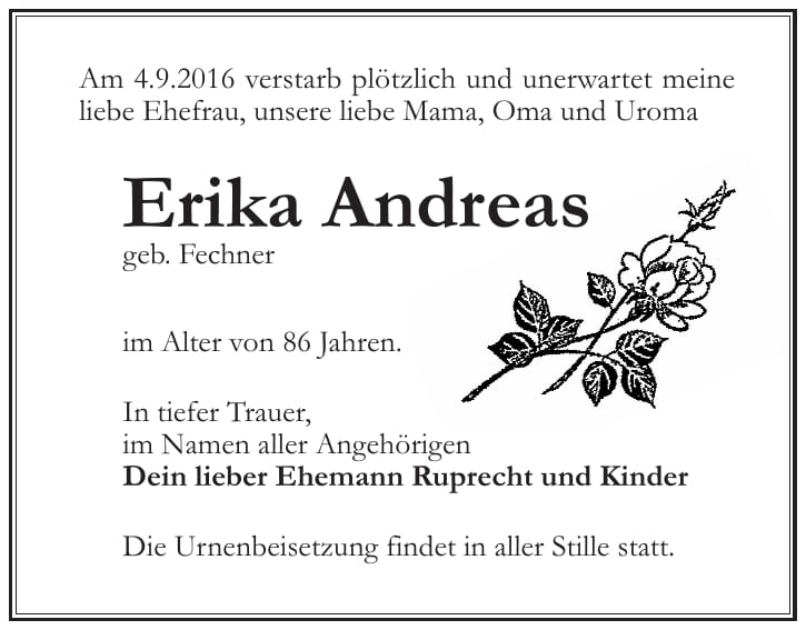 Traueranzeige Erika Andreas, geb. Fechner