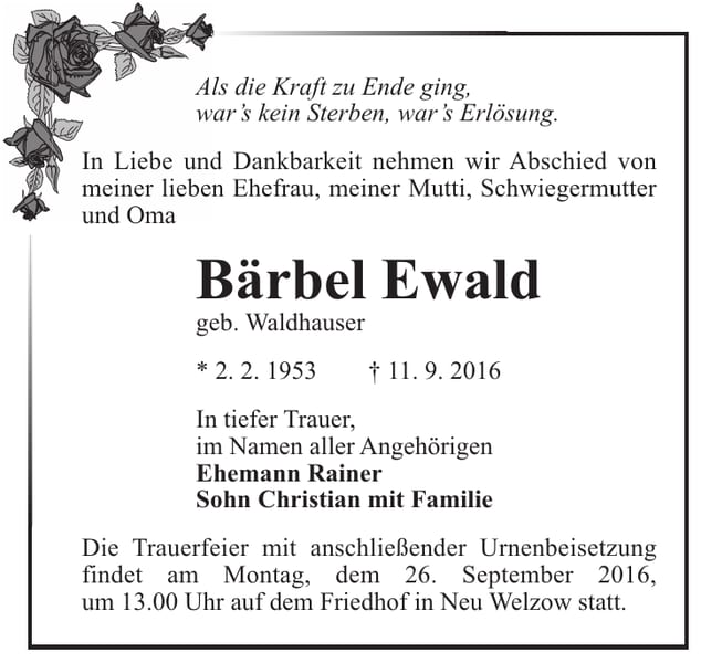 Traueranzeige Bärbel Ewald, geb. Waldhauser