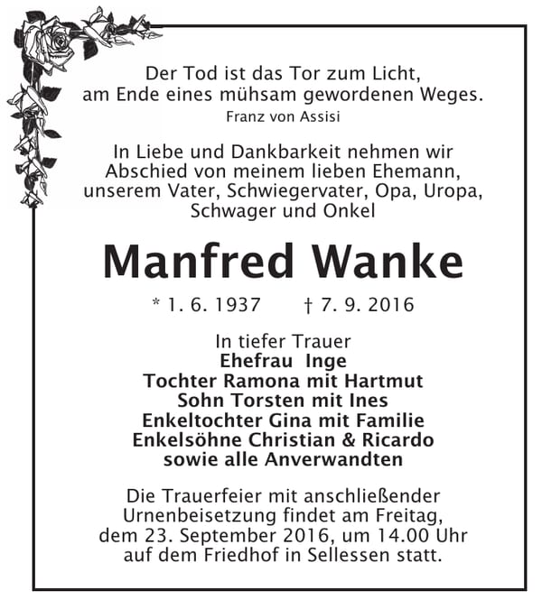 Traueranzeige Manfred Wanke
