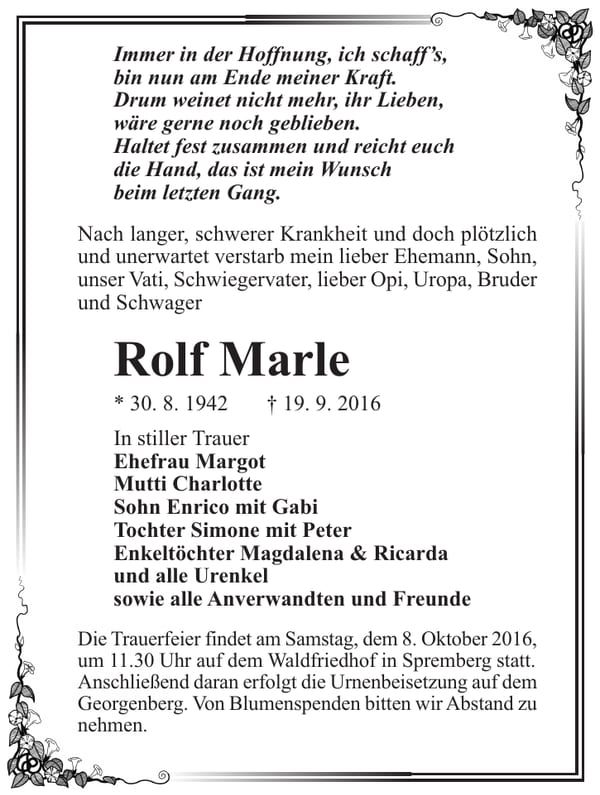 Traueranzeige Rolf Marle