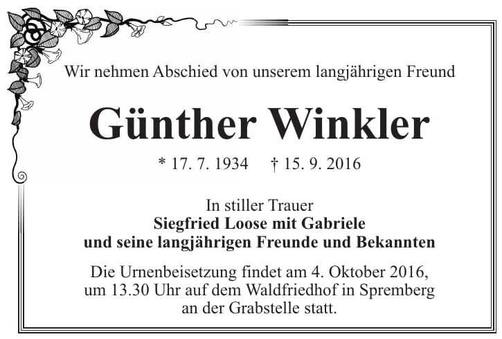 Traueranzeige Günther Winkler