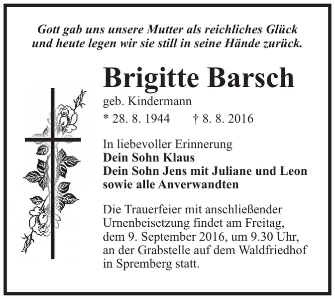 Traueranzeige Brigitte Barsch, geb. Kindermann