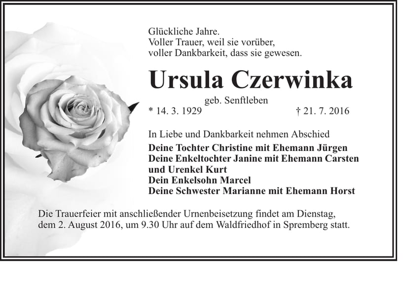 Traueranzeige Ursula Czerwinka, geb. Senftleben