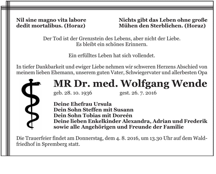 Traueranzeige MR Dr. med. Wolfgang Wende
