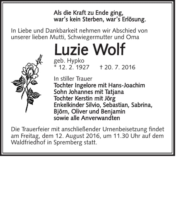 Traueranzeige Luzie Wolf, geb. Hypko