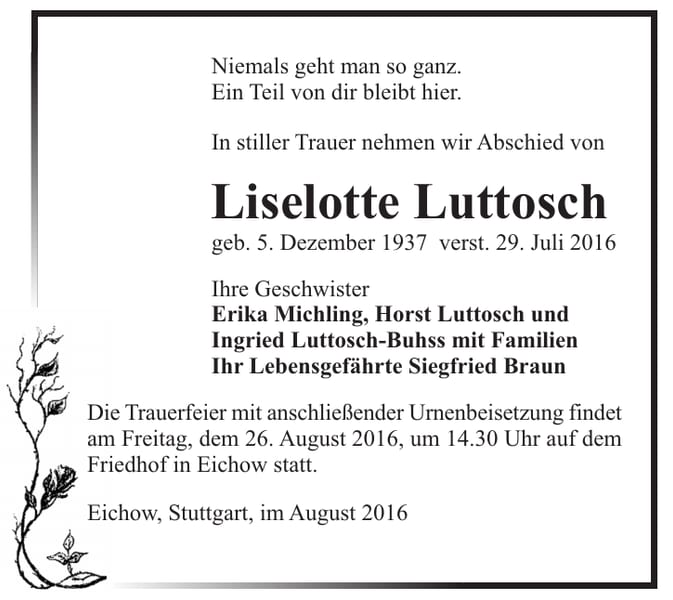 Traueranzeige Liselotte Luttosch