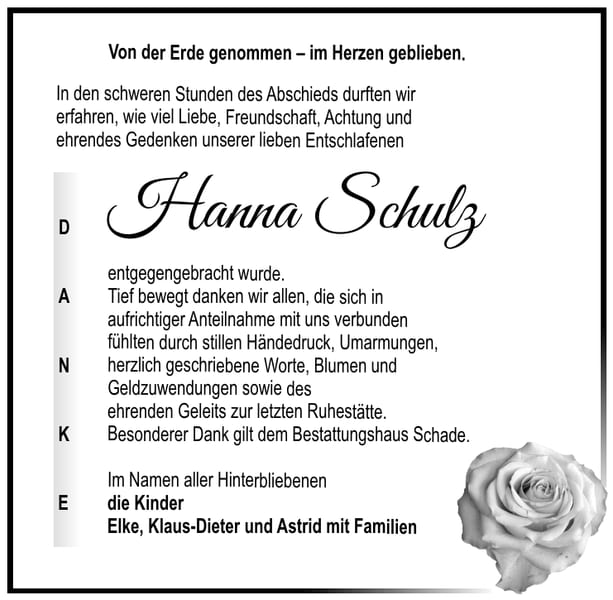 Traueranzeige Hanna Schulz