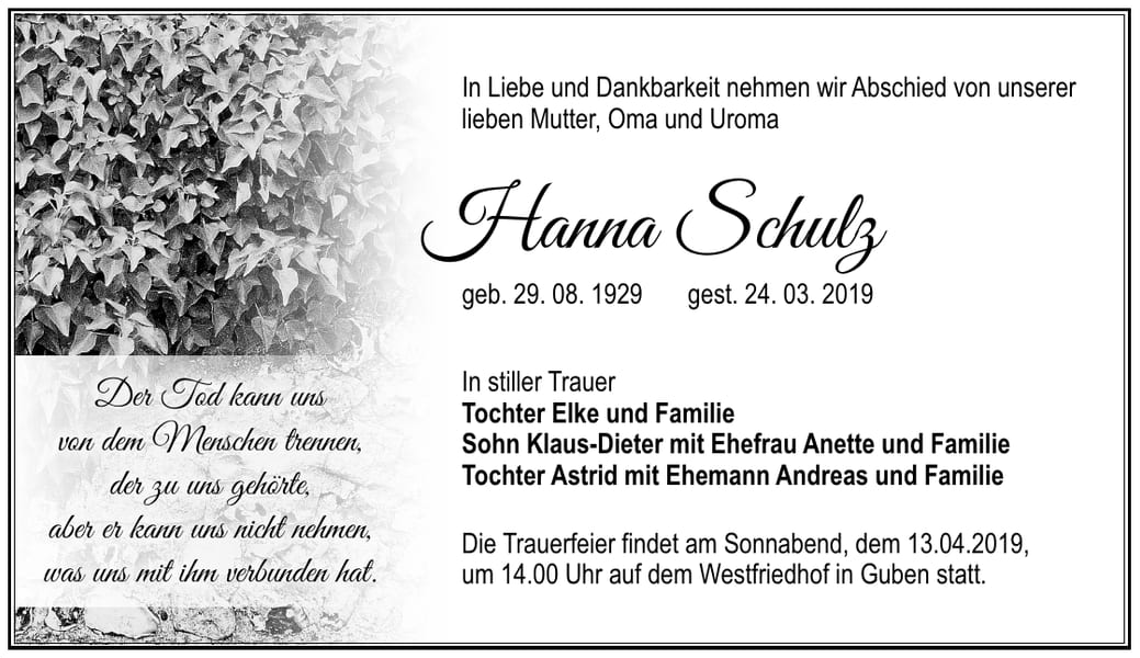 Traueranzeige Hanna Schulz