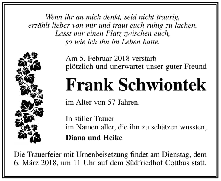Traueranzeige Frank Schwiontek