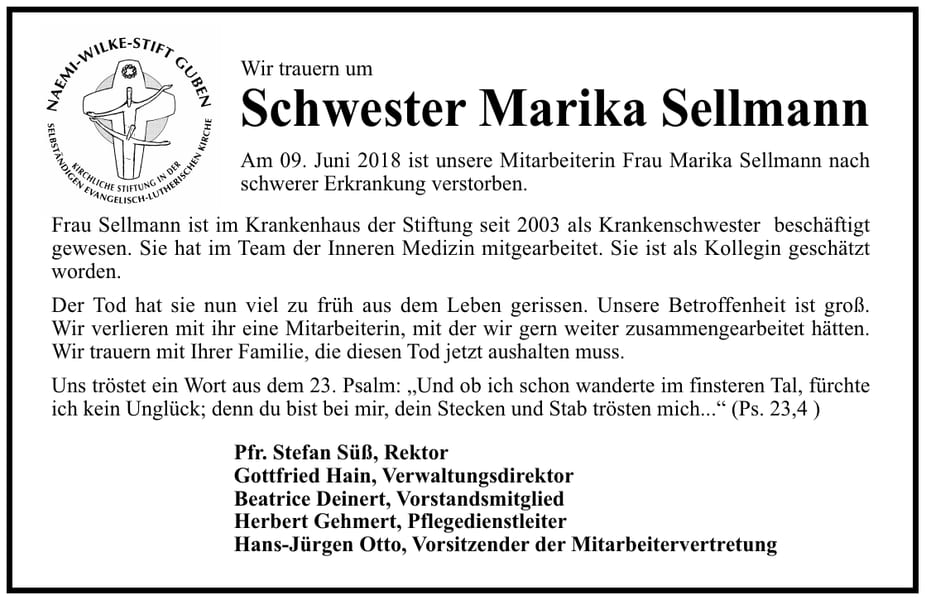 Nachruf Schwester Marika Sellmann
