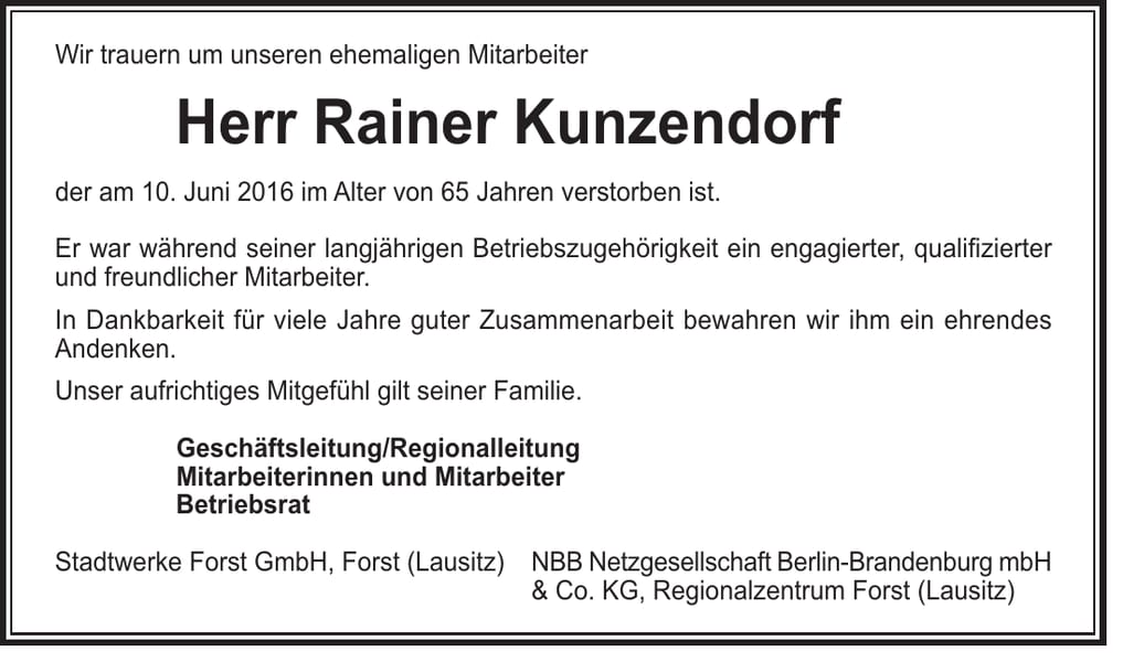 Nachruf Rainer Kunzendorf