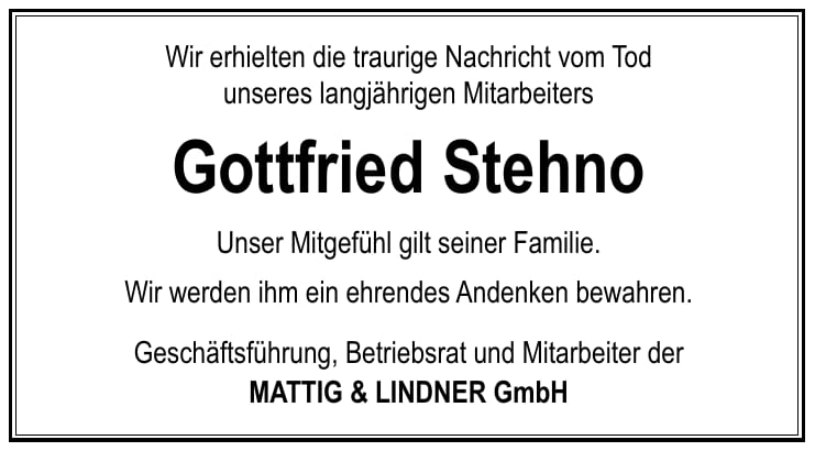 Nachruf Gottfried Stehno