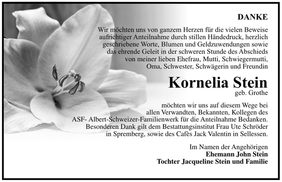 Danksagung Kornelia Stein, geb. Grothe