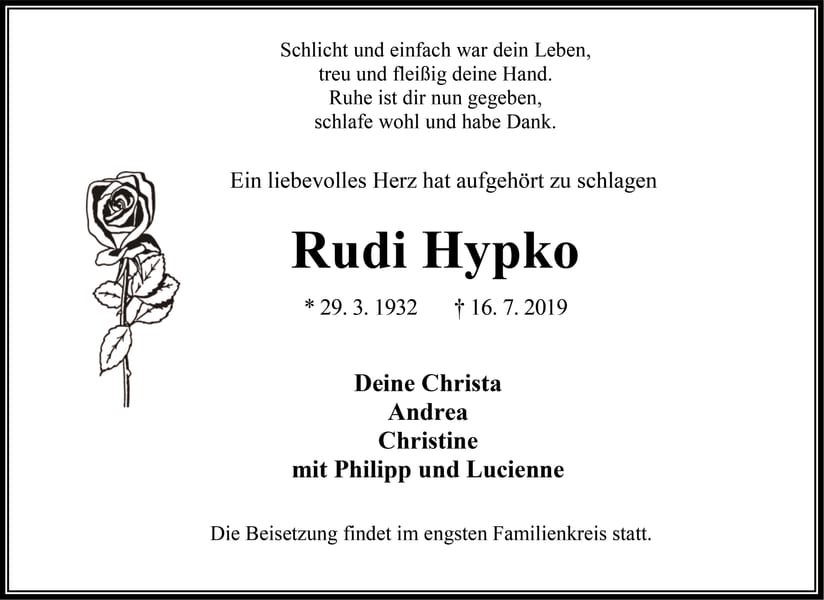 Traueranzeige Rudi Hypko