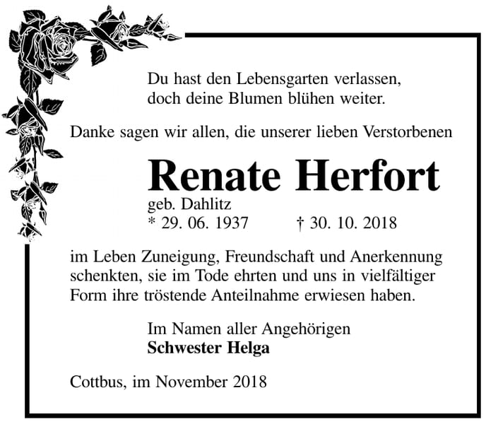 Traueranzeige Renate Herfort, geb. Dahlitz