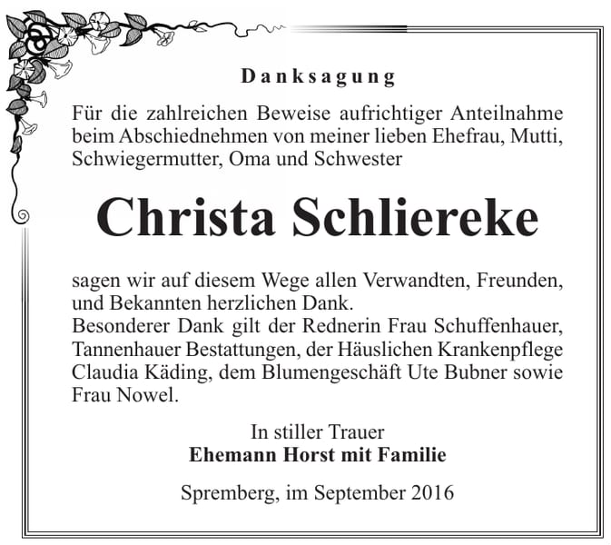 Danksagung Christa Schliereke