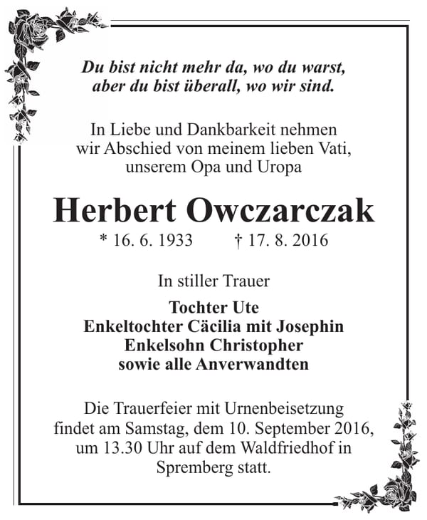 Traueranzeige Herbert Owczarczak