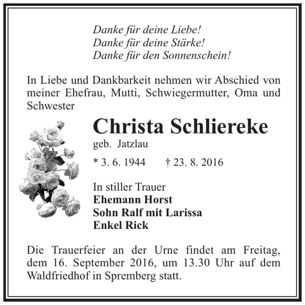 Traueranzeige Christa Schliereke, geb. Jatzlau