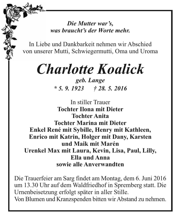 Traueranzeige Charlotte Koalick, geb. Lange