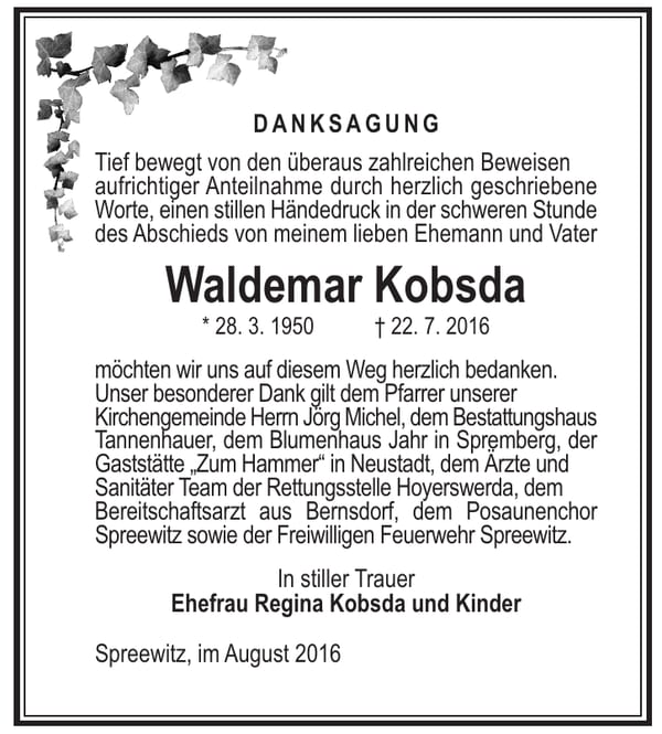 Danksagung Waldemar Kobsda