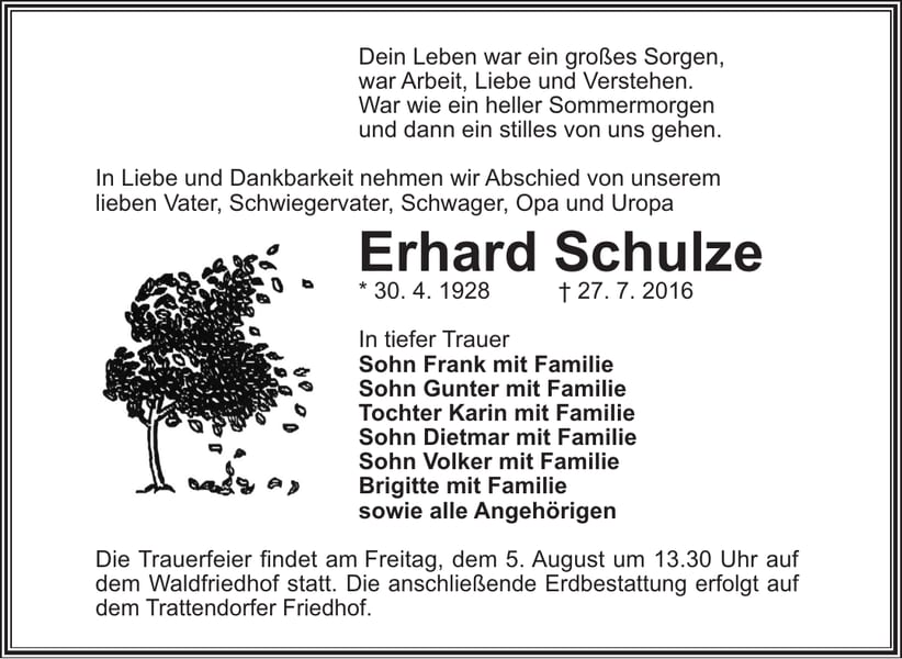 Traueranzeige Erhard Schulze