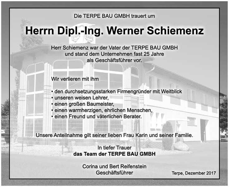Traueranzeige Herrn Dipl.-Ing. Werner Schiemenz