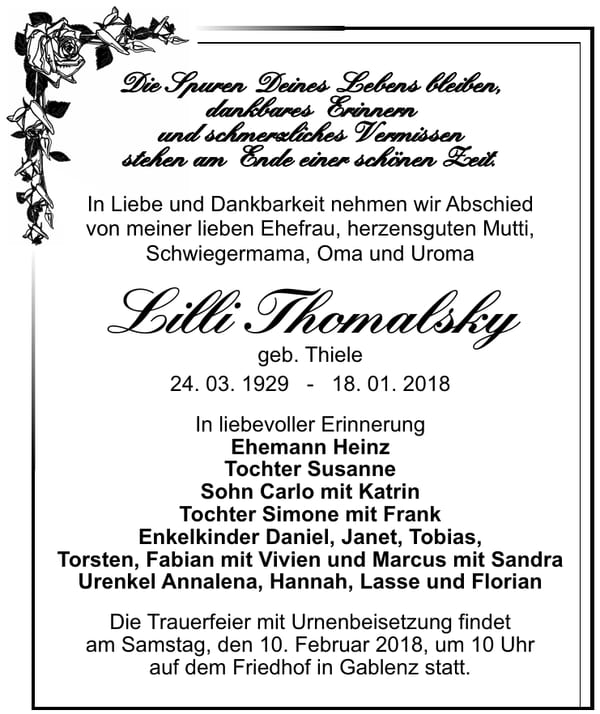 Traueranzeige Lilli Thomalsky, geb. Thiel